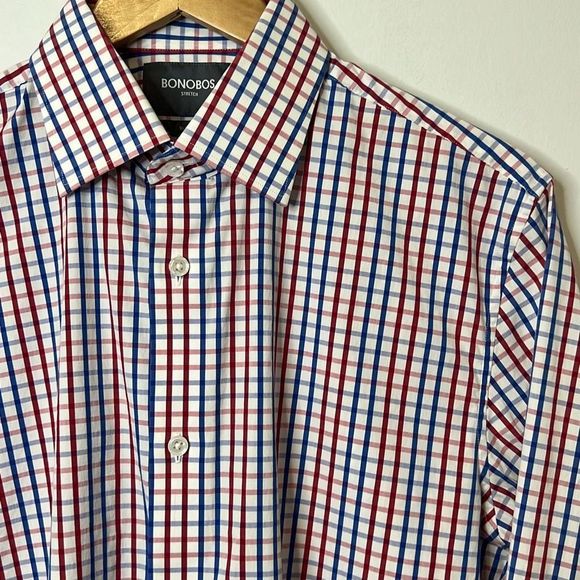 BONOBOS Men’s Slim Fit Dress Shirt 16 |35 Plaid Red Blue White Jetsetter Stretch - Picture 2 of 9